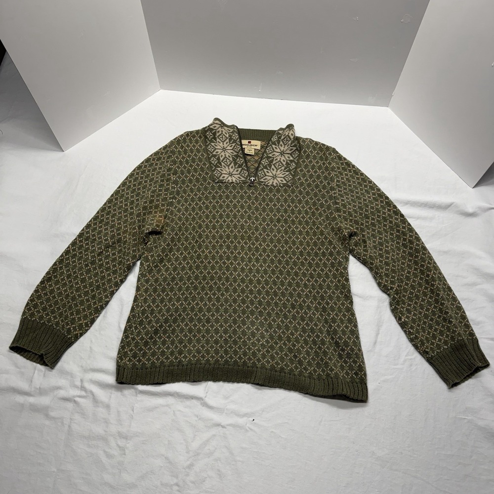 Woolrich Olive Green 1/4 Zip Pullover Sweater w/ Snowflakes Cotton Blend Medium